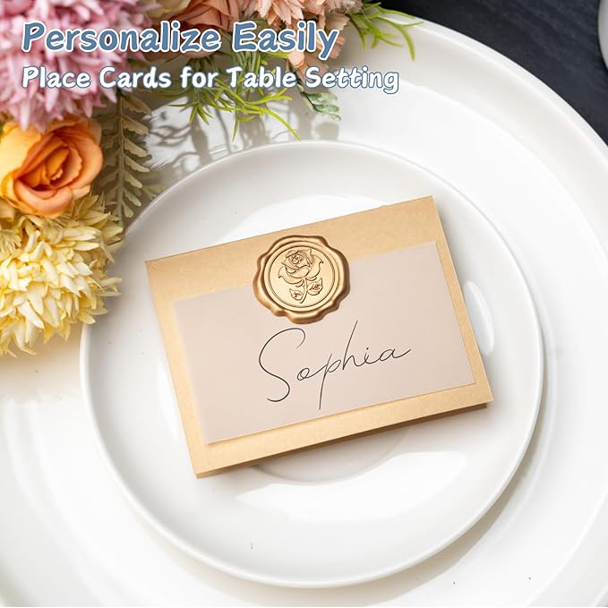 25 Pack Name Cards for Table Setting, Place Cards with Antique Gold Rose Wax Seal Sticker for Wedding, Table Tent Card Stock Handmade Decor for Party, Dinner, Home(Pearlized Gold)