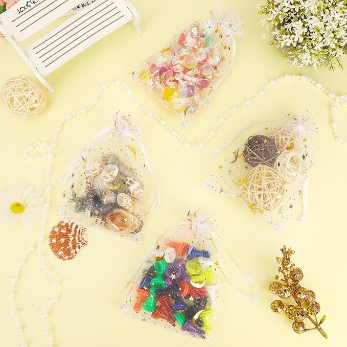 Moon Star Organza Bags 4x6 Small Mesh Bag Drawstring 50 Pcs Mesh Gift Bags Drawstring Pouch Wedding Favor Bags Jewelry Pouches Bulk Gift Pouch for Candy Soaps Birthday Festival Party Supplies, White