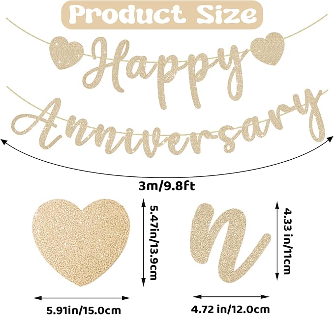 Happy Anniversary Banner, Pre-Strung Gold Glitter Wedding Anniversary Decorations Romantic, Couples Shower Decorations Banner For Happy Wedding Reception Day Bridal Shower Party
