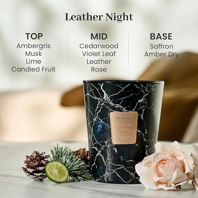 M&SENSE Extra Large Candle 35oz 150H LeatherNight Scented, 3 Wick Highly Scented Jar Candles, XL Large Christmas Gift Candle for Women, Long Lasting Burning for Holiday, Thanksgiving, Christmas