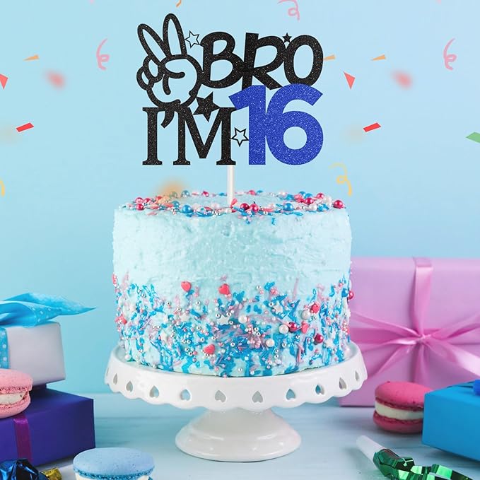 Bro I'm 16 Cake Topper, 16th Birthday Decorations for Boy, Glitter Funny 16th Birthday Cake Topper, Big Brother 16 Year Old Birthday Party Decoration Supplies