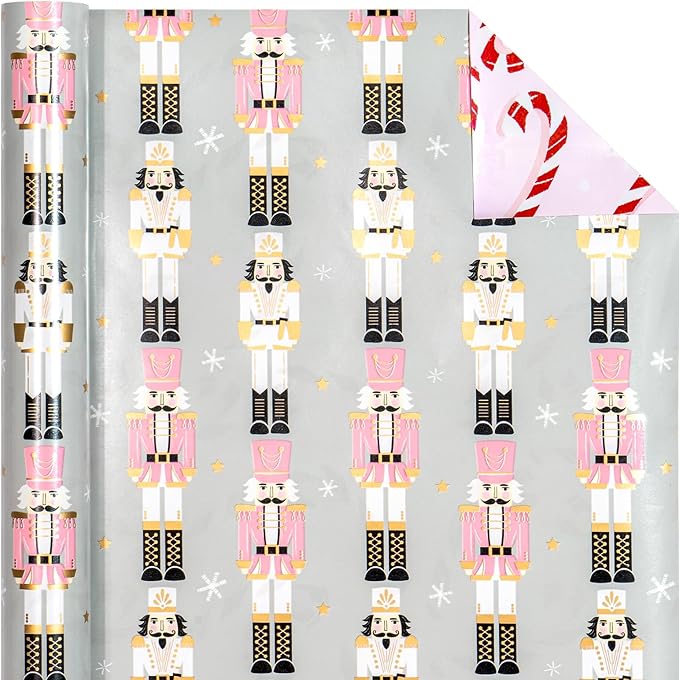 WRAPAHOLIC Reversible Nutcracker Christmas Wrapping Paper - Mini Roll - 17 Inch x 33 Feet - Nutcracker and Candy Cane Design Printed on Pearlized Paper for Chrsitmas, Holiday, Party Celebration