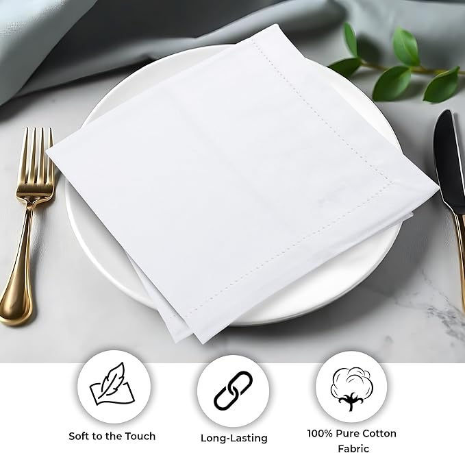 Urban Villa Cloth Napkins White Hemstitch Dinner Napkins Set of 12 20X20 Inches 100% Cotton Absorbent Washable Durable Reusable Ideal for Farmhouse Party Thanksgiving Harvest Fall Dinner Napkins