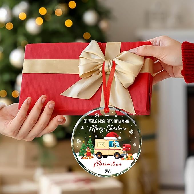 2025 Personalized Mail Carrier Christmas Glass Ornament, Delivering More Gifts Than Santa Merry Christmas Ornament Gift for Postal Worker, Custom Name & Year Mailman Ornaments Xmas Tree Decor