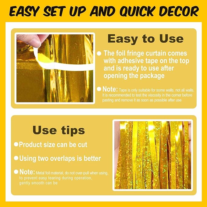 6 Pack Gold Foil Fringe Curtains Backdrop, 3.28 x 8.2 Ft Metallic Streamers Tinsel Curtains Background for Photo Booth, Birthday, Christmas, Halloween, Thanksgiving, New Year Party Decorations