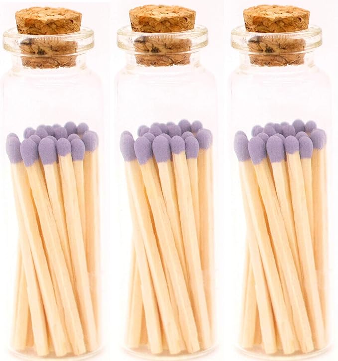 River Birch Decorative Matches in a Bottle with Striker - Cute & Colored Matches - 3 Bottles, Lavender Tip, 60 Matches