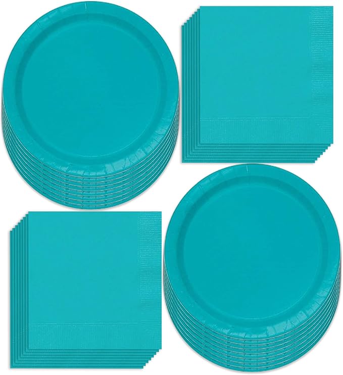 Caribbean Blue Paper Dinner Plates and Luncheon Napkins, Solid Blue Party Supplies and Summer Table Decorations (Serves 16)