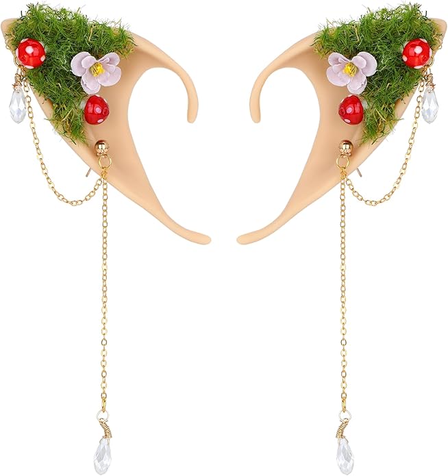 FRESHME Forest Mushroom Elf Ears, Soft Fairy Ears with Mushroom Moss and Flower Elven Ear Cuffs Halloween Renaissance Cosplay