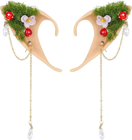 FRESHME Forest Mushroom Elf Ears, Soft Fairy Ears with Mushroom Moss and Flower Elven Ear Cuffs Halloween Renaissance Cosplay