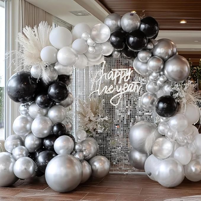 Black White Balloon Garland Arch Double Stuffed Pearl White Black Silver Balloons Different Size Balloons Set for Christmas New Year Birthday Anniversary Wedding Halloween Party Decorations