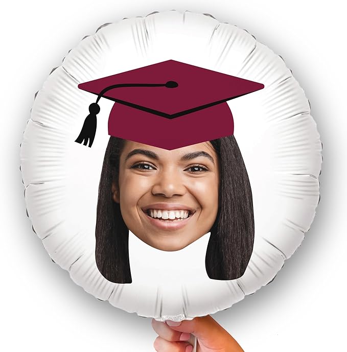 Big Dot of Happiness Personalized Maroon Grad Cap Fun Face Photo Balloon, Elementary High School College Burgundy Custom Graduation Party Decorations, Double-Sided Round Circle Mylar, 1 Piece