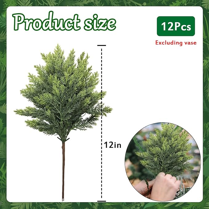 Orgrimmar 12 Pcs Christmas Real Touch Cedar Branches- 18" Artificial Christmas Fake Pine Picks Faux Greenery Stem,Ideal for DIY Crafts, Wreaths & Garland, Indoor/Outdoor Holiday Decor