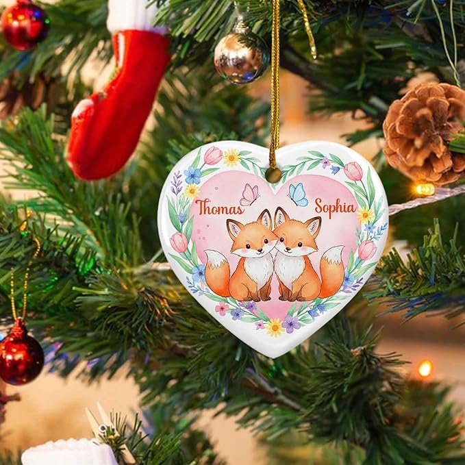 Cute Fox Couple Ornament Christmas 2025, Custom Names Foxes Lovers Ceramic Ornament Xmas, Animal Couple Keepsake Gifts for Couples Wedding Married, Personalized Mr & Mrs Fox Ornaments Xmas Tree