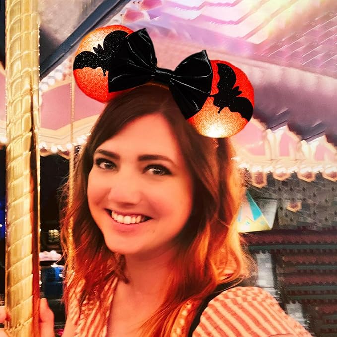 Halloween LED Mouse Ear Headband with Bats, Light Up Sequin Bow Hairband, Flashing Glowing Party Decoration Headwear Hair Accessories for Women Girls
