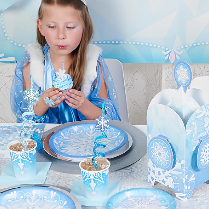 24Pcs Glitter Reusable Frozen Plastic Straws Drinking Straws, 4 Snowflake Shape & 4 Colors, Frozen Party Decoration Birthday Party Supplies