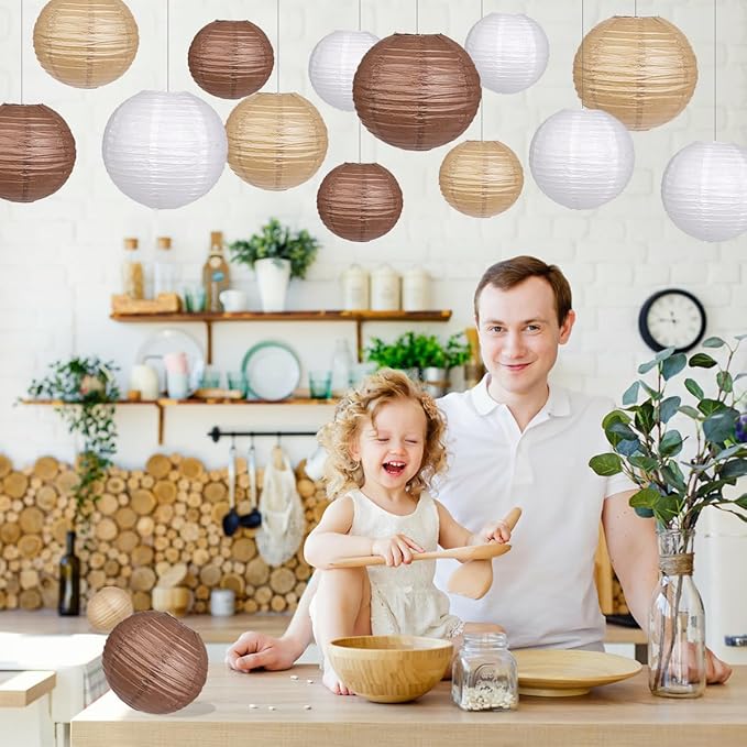 Paper Lanterns Decorative, Round Hanging Paper Lanterns Decorations for Rustic Party Wedding Natural Baby Shower Boho Brown Birthday Party Supplies Brown/White/Tan 15pcs