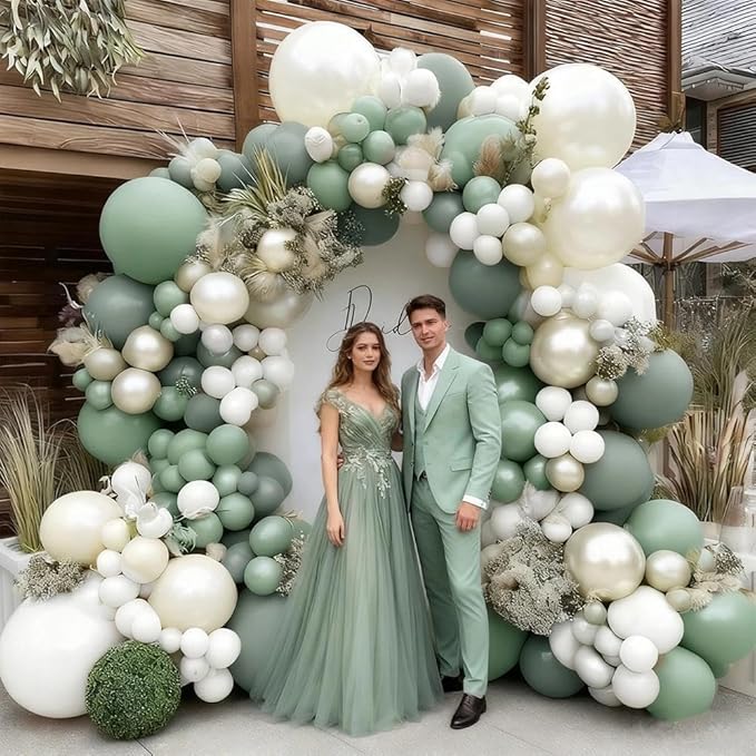Sage Green White Balloon Garland Double Stuffed Dusty Green White Pearl Balloons Olive Pastel Balloon Arch Kit for Neutral Baby Shower Bridal Shower Birthday Baptism Christmas Party Decorations