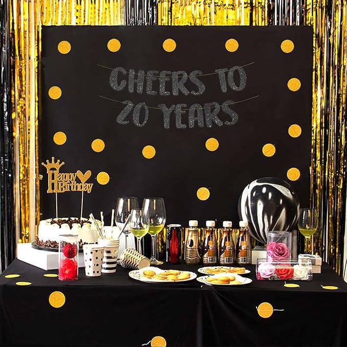 Cheers to 20 Years Black Glitter Banner - 20th Anniversary and Birthday Party Decorations