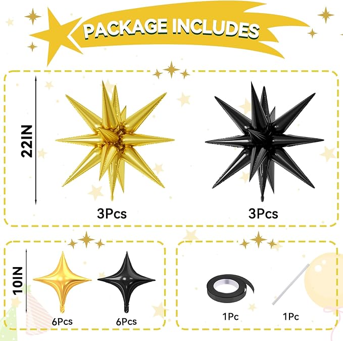 18 Pcs Black Gold Star Balloons, Gold and Black Balloon with 6 Pcs 22-Inch Explosion Star Balloons 12Pcs 10-Inch Four Pointed Stars Foil Balloon for Anniversary Disco Birthday Party Decorations