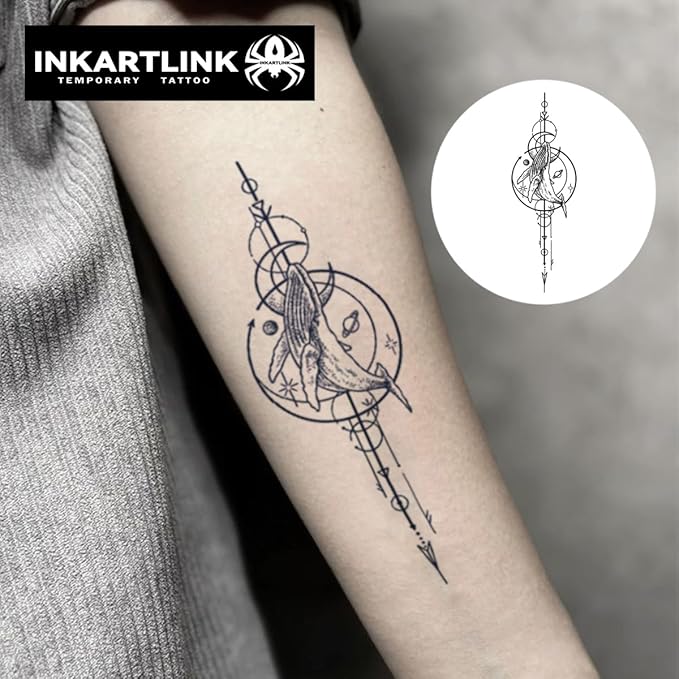 INKARTLINK Semi Permanent Tattoo, Beautiful and Realistic Design, Fun Tattoo Experience, Cruelty-free, Non-reflective, Waterproof (Whale Geometric Pattern)