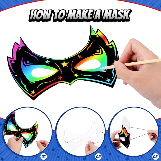 Deekin Mardi Gras Scratch Masks for Kids, Mardi Gras Crafts Rainbow Hero DIY Masks Craft Kit for Dress up Party Favor