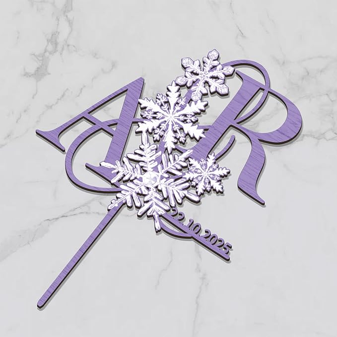 Customized Winter Wedding Cake Topper in Wood Personalized Bride & Groom's Initials and Wedding Date Cake Decoration with Snowflake