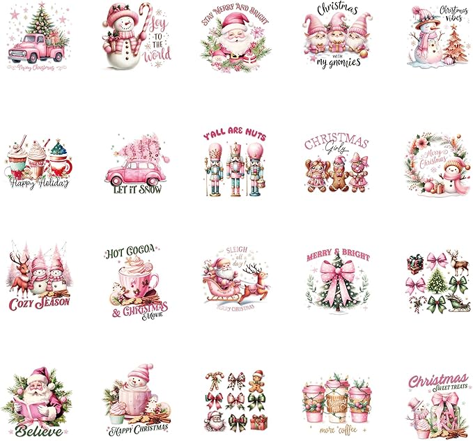 Christmas UV DTF Stickers - 80 Sheets Pink Watercolor Christmas UVDTF Decals for Motel Keychain, Xmas Bow Gnome Santa Snowman Rub on Transfer Stickers DIY Hotel Keychain Blank Crafts