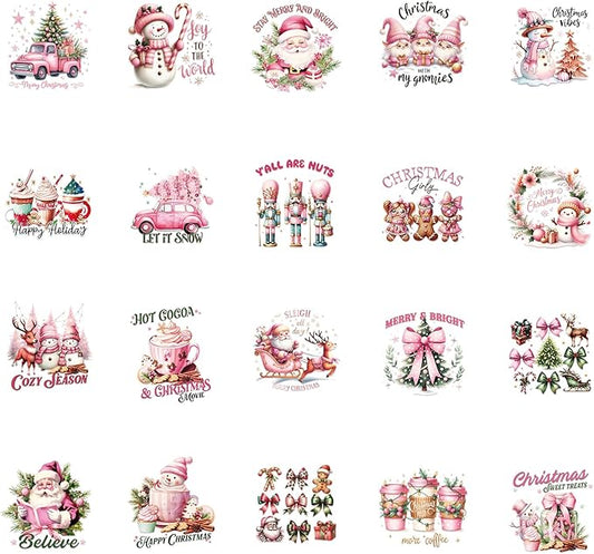 Christmas UV DTF Stickers - 80 Sheets Pink Watercolor Christmas UVDTF Decals for Motel Keychain, Xmas Bow Gnome Santa Snowman Rub on Transfer Stickers DIY Hotel Keychain Blank Crafts