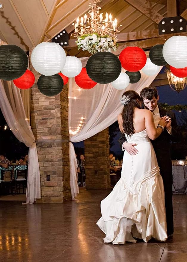 24pcs Hanging Round Paper Lanterns for Wedding Birthday Party Baby Showers Decoration Black/Red