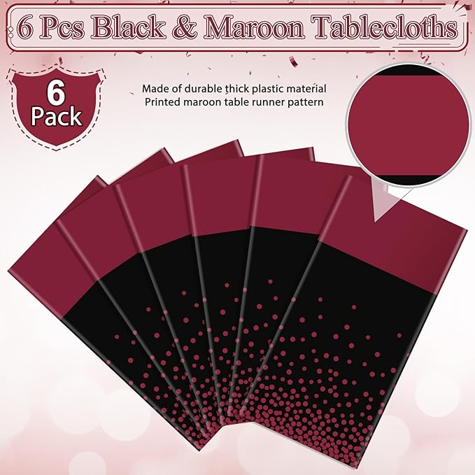 MASHAN 6Pcs Black Maroon Tablecloths, Rectangular Plastic Table Covers, 54x108 Inch, Polka Dot, Stain Resistant, Party Decorations
