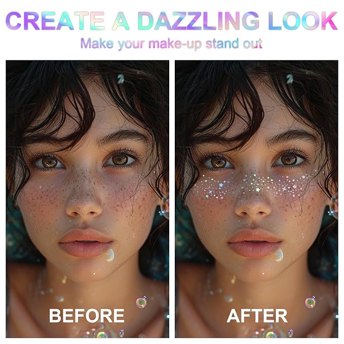 8 PCS Holographic Multicolor Glitter Freckles Face Tattoo, Makeup Patch, Faux Freckles Waterproof Temporary Tattoos Cute Glitter For Women and Kids Halloween Christmas (8PcsB Holographic Multicolor)