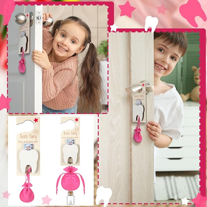Tooth Fairy Holder Bag Hanger with Money Slot Keepsake Bottle Velvet Pouch Tooth Fairy Box Encourage Gift for Lost Teeth Boy Girl Milk(Classic,Rose Red)
