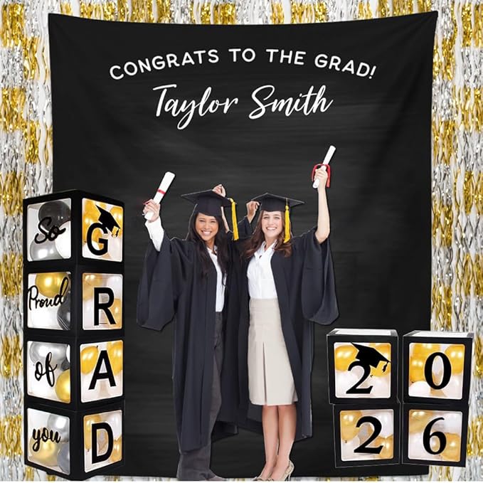 2026 Graduation Party Decoration Black Balloon Boxes with Letters 2026 Grad & So Proud of You and 20 pcs Ballons
