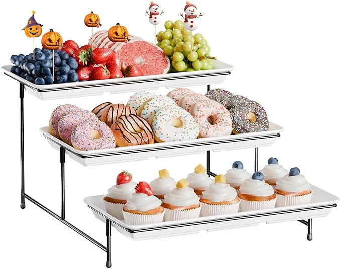 3-Tier Melamine Serving Tray Set, 14"x7" Platters for Serving Food, White Reusable Trays with Black Metal Display Stand for Cupcakes, Sevring Food, Dessert, Fruit, Cookie, Black