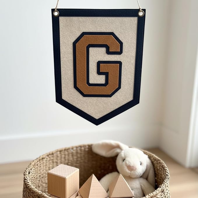 Personalized Initials Hanging Sign, Custom Alphabet Felt Wall Banner for Nursery & Kids Room Decor, Vintage Customized Initial Nursery Felt Flag for Baby Shower Birthday Party Gift