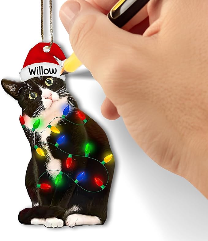 Tuxedo Cat Christmas Acrylic Ornament – Black and White Cat Ornament, Customizable with Name - Easily Add Name with Marker (Marker Not Included)