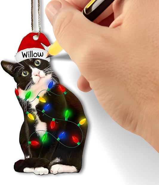 Tuxedo Cat Christmas Acrylic Ornament – Black and White Cat Ornament, Customizable with Name - Easily Add Name with Marker (Marker Not Included)