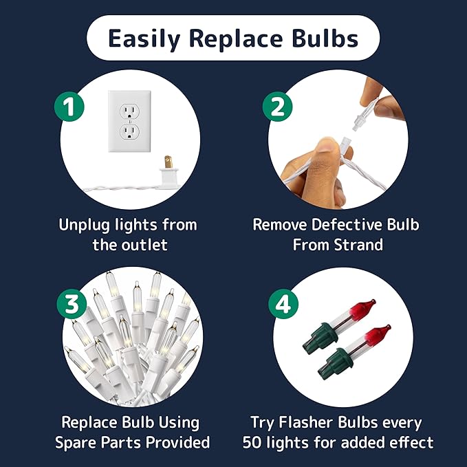 PREXTEX 10 Ft String Lights with Christmas Tree Light Warm White - Indoor/Outdoor Decor - Xmas Lights for Holidays, 50 Twinkle LED Lighting on White Wire - Multi-Strand Connectable