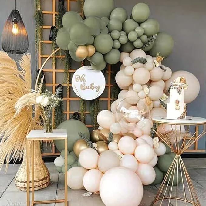 PartyWoo Sage Green Balloons 100pcs 12 Inch Metallic Gold Sand White Gold Confetti Balloons for Baby Shower Gender Reveal Wedding Engagement Jungle Woodland Forest Birthday Party Decorations