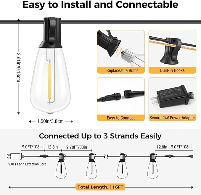 litogo 116FT Patio Lights Waterproof, Led Outdoor String Lights with Edison Bulbs Shatterproof, Soft White Hanging Outside Lights for Backyard Deck Party Garden Bistro Tent