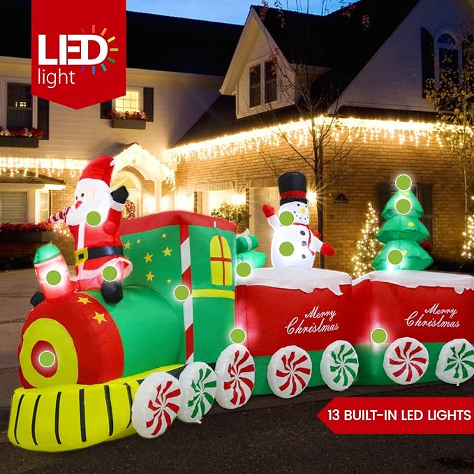 11 FT Christmas Inflatable Train Decoration with Santa Claus, Red & Green, Multicolor LED Lights, Weather Resistant