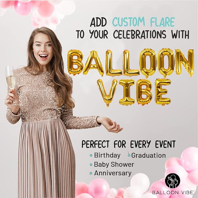 BALLOON VIBE Letter Balloons 16 Inch - Custom Phrase Alphabets & Numbers Foil Mylar Balloons with Straws, Ribbon and Adhesive Dots - Create Your Own Banner for Birthday, Baby Shower - 11 Colors