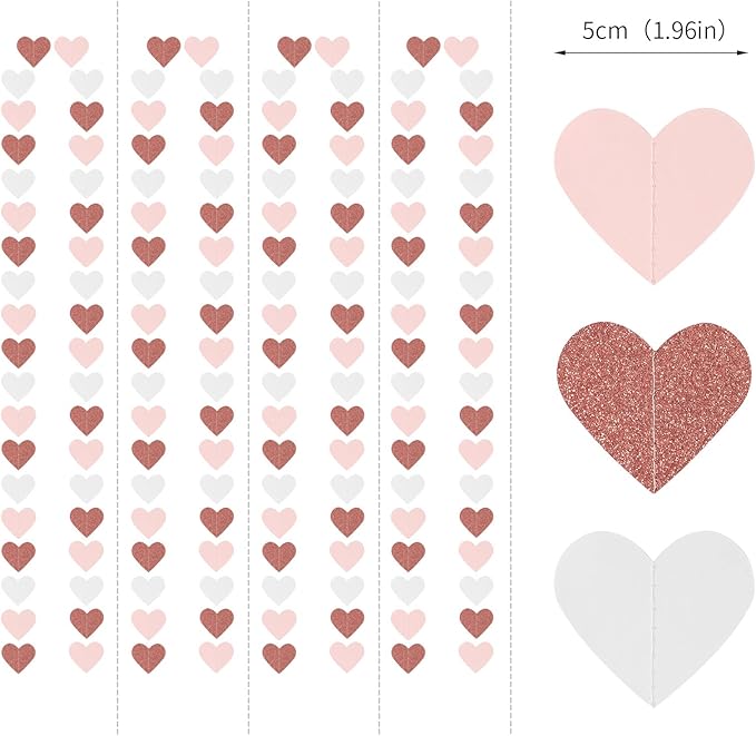 Rose-Gold Pink Party-Decorations Heart Garland Streamers - 52Ft Bachelorette Engagement Hanging Paper Banner,Valentines Day Bridal Shower Wedding Birthday Party Bunting Lasting Surprise