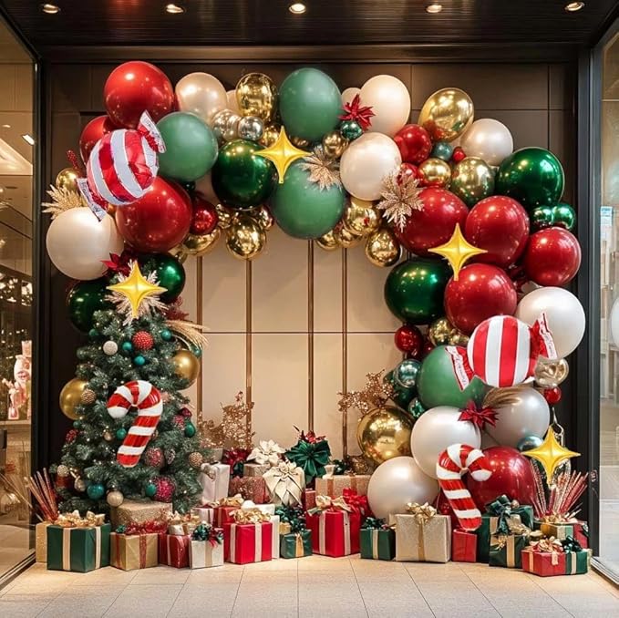Christmas Red and Green Balloon Garland Arch Kit Pearl White Gold Foil Candy Cane Balloons With Gold 4-Point Star Balloons For Christmas Party Decorations