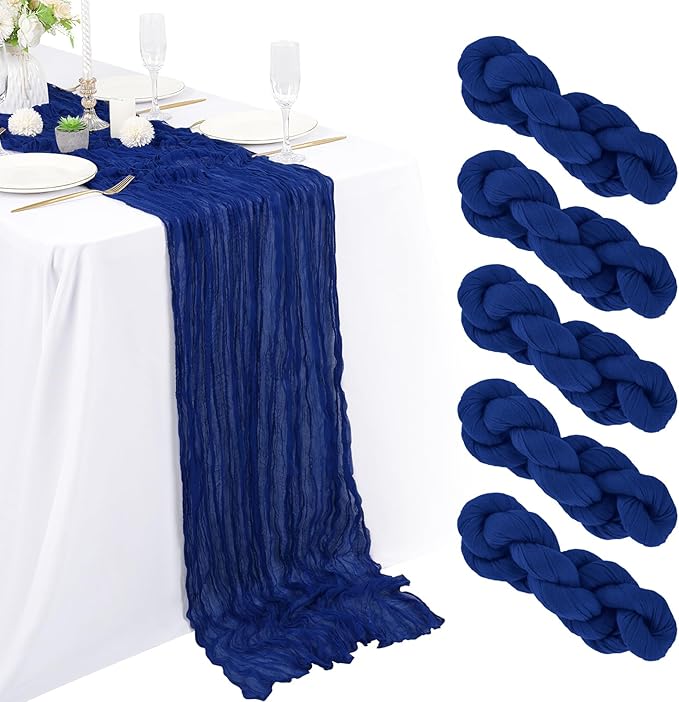 5 Packs Cheesecloth Table Royal Blue, 10Ft x 35" Dark Blue Rustic Gauze Boho Wedding Table Runner Decoration, Wedding Table Decor Table Cloth for Wedding Party Bridal Shower Table