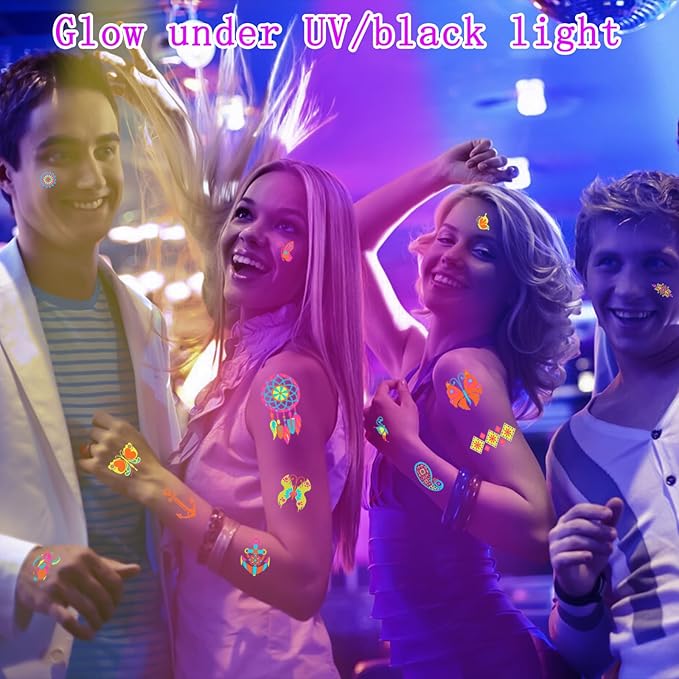 201pcs Glow in the Dark Temporary Tattoos for Adults and Kids, Glitter Tattoo Kit, Neon Body Face UV Blacklight Fake Tattoos Stickers, Glow in the Dark Party Supplies, Rave Accessories (32 Sheets)