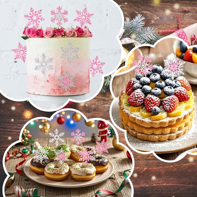24pcs Glitter Snowflake Cupcake Toppers Double Layer Pink Silver Cake Decorations Winter Frozen Theme Cupcake Picks for Winter Wonderland Baby Shower Christmas Party Favors