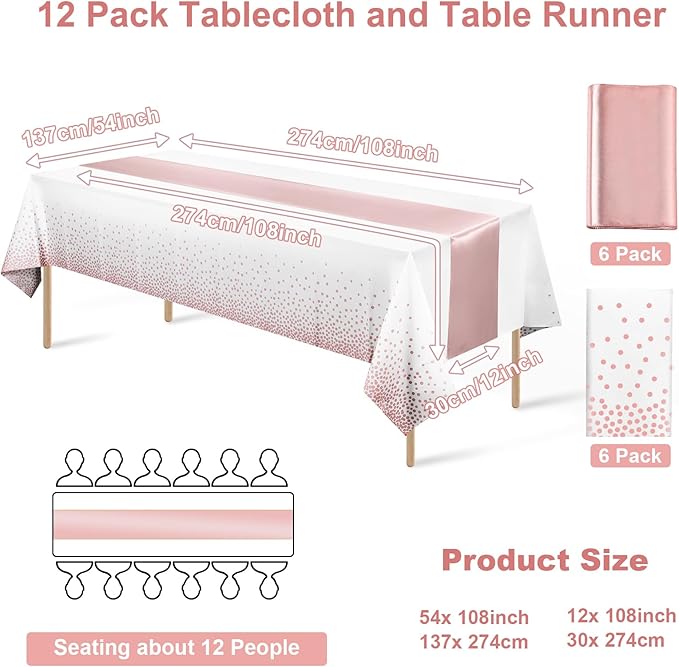 12 Pack Disposable Plastic Tablecloths and Satin Table Runner Set White and Rose Gold Dot Tablecloth Rose Gold Satin Table Runner for Wedding Birthday Baby Shower Anniversary Christmas New Year Party