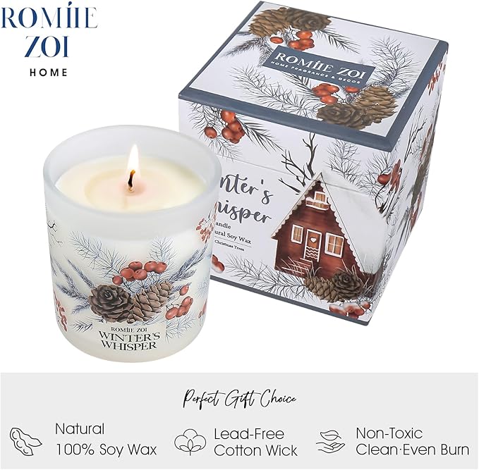 ROMIIE ZOI Christmas Scented Jar Candle - 6oz Soy Wax Candle - Winter's Whisper Infused with Wintery Christmas Trees Aroma - with Beautiful Keepsake Box Special for Holiday Gifts