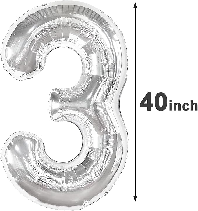 40 Inch Silver 3 Large Number Balloon, 3 13 23 30 33 36 Silver Birthday Party Decorations, Number Three Foil Balloons for Anniversary Party Graduations Celebration Supplies